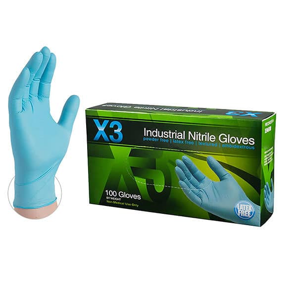 Ammex X3 Blue Nitrile Industrial Gloves, Box of 100