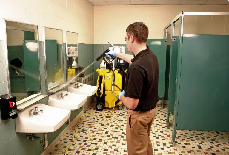 The Hidden Germ Zones: Why Restrooms Need More Than Basic Cleaning A man performing basic cleaning on a restroom
