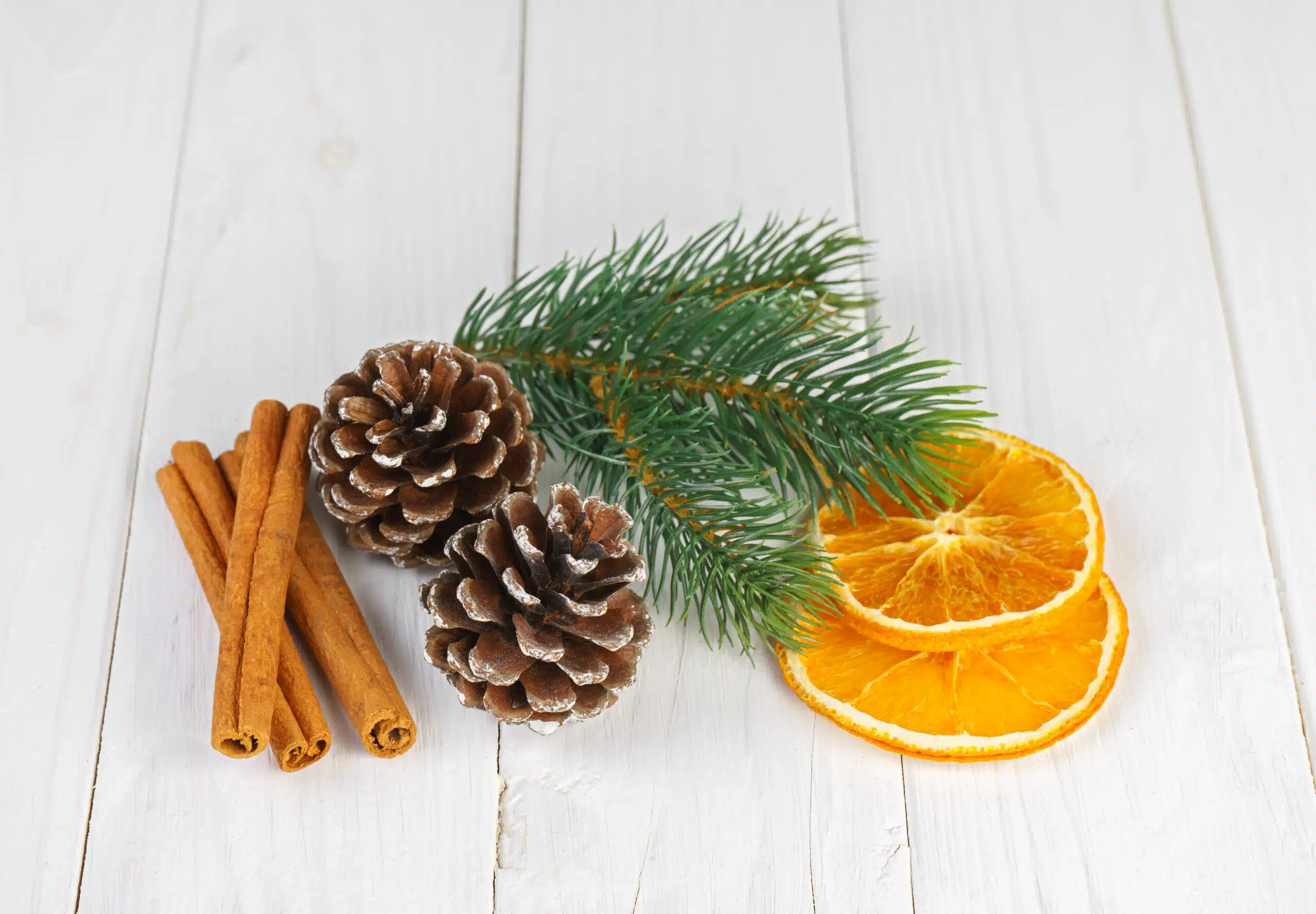 The Psychology of Scent: How Scenting Boosts Leasing, Retention & Resident Happiness Christmas tree branch, fir cones, cinnamon sticks and dried oranges on white wooden background
