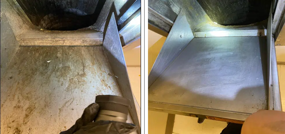 The Public Health Side of Trash Chutes: How Trash Chute Cleaning Stops the Spread of Bacteria & Odor A before and after photo of a dirty trash chute that's been cleaned