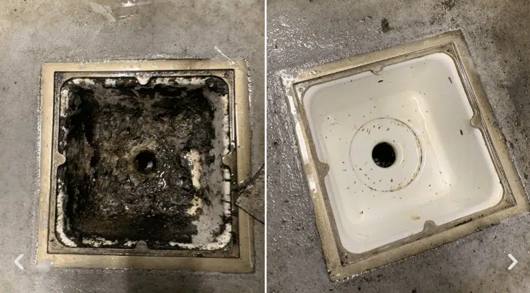 The "Zero-Tolerance" Strategy for Restaurant Pest Control a before and after photo of a dirty commercial drain