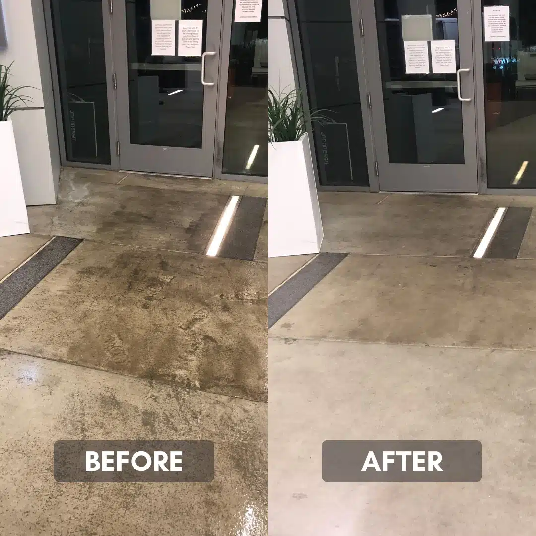 Beyond the Sidewalk: Why July is Peak Season for Commercial Pressure Washing before and after photo of a pressure washed entryway to a business