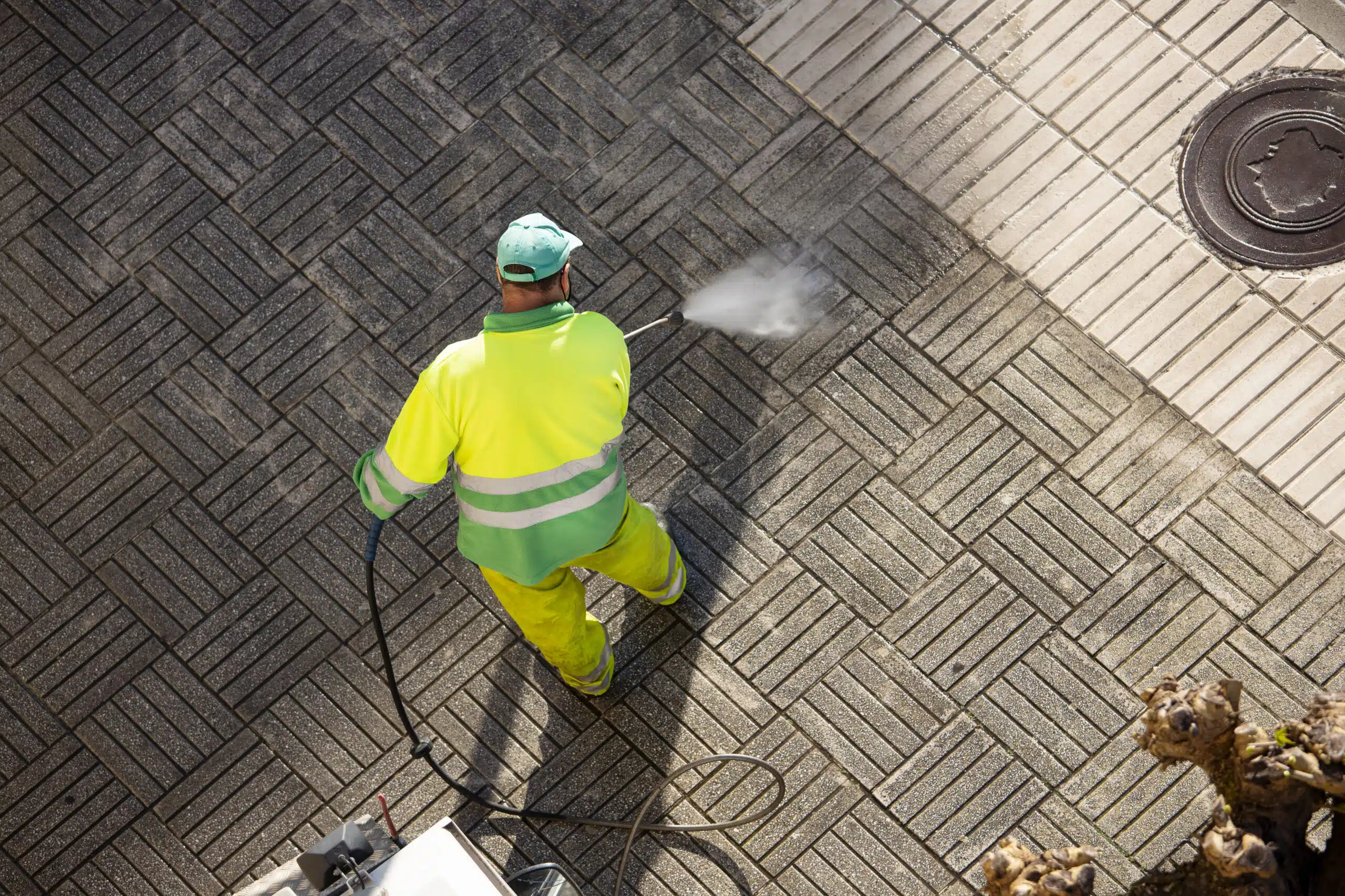 Beyond the Sidewalk: Why July is Peak Season for Commercial Pressure Washing aerial shot of a man pressure washing a side walk
