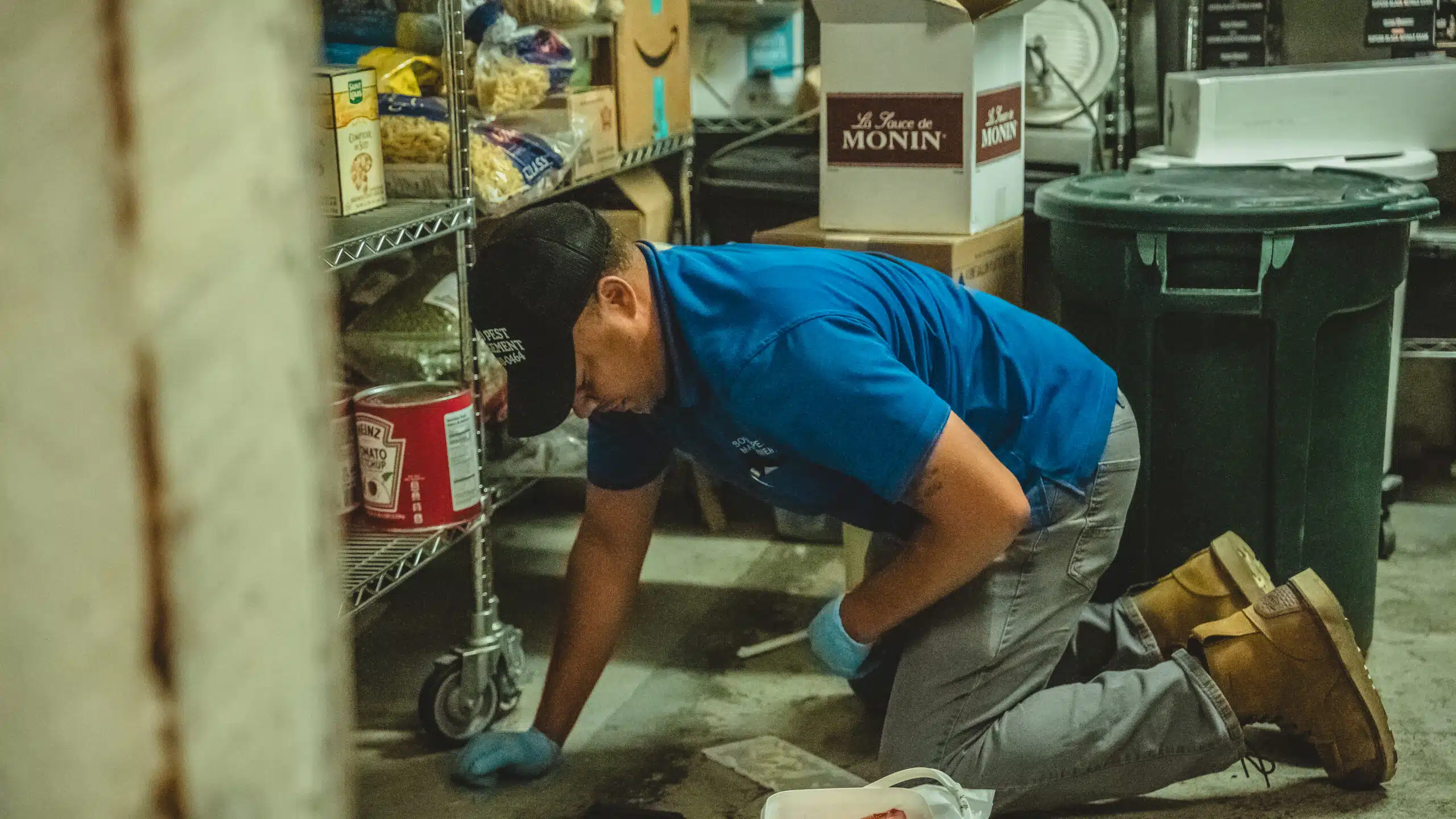 How High Summer Temperatures Fuel Commercial Kitchen Fruit Flies man on the floor doing pest control work